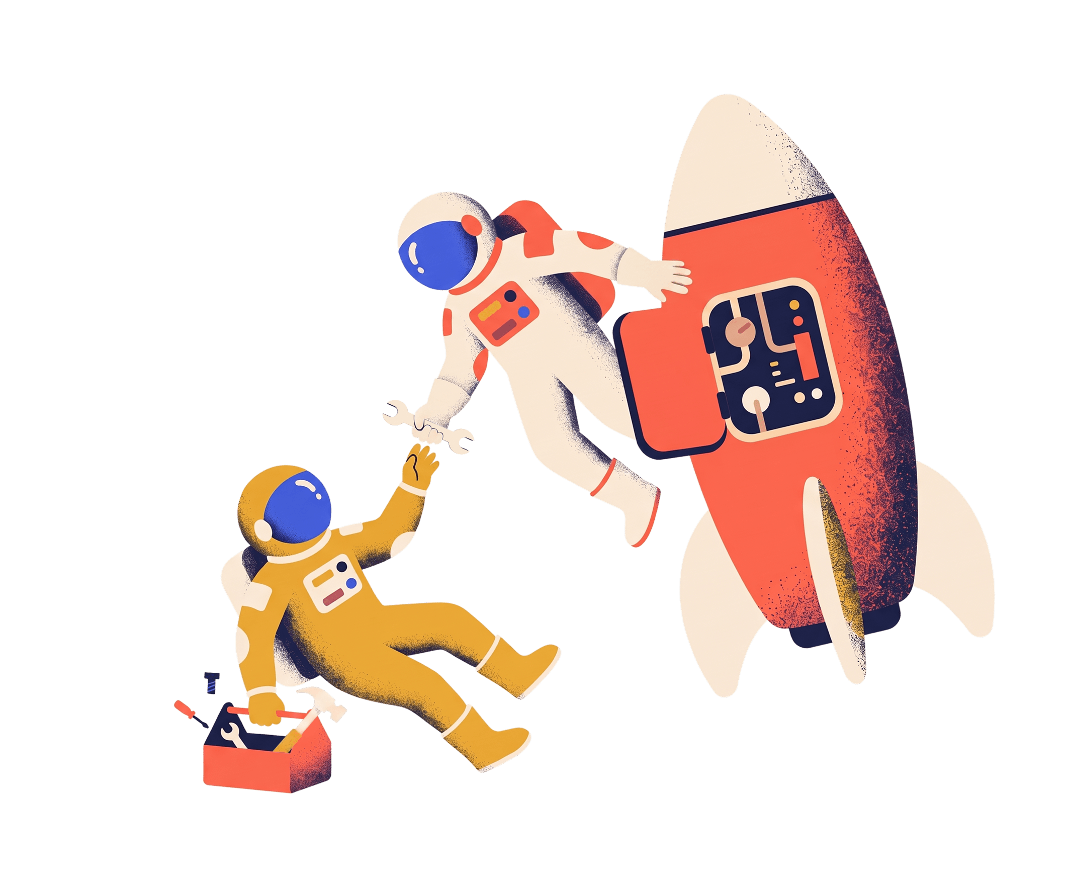 Two astronauts float beside a coral rocket; one hands a wrench to the other, who holds a toolbox.